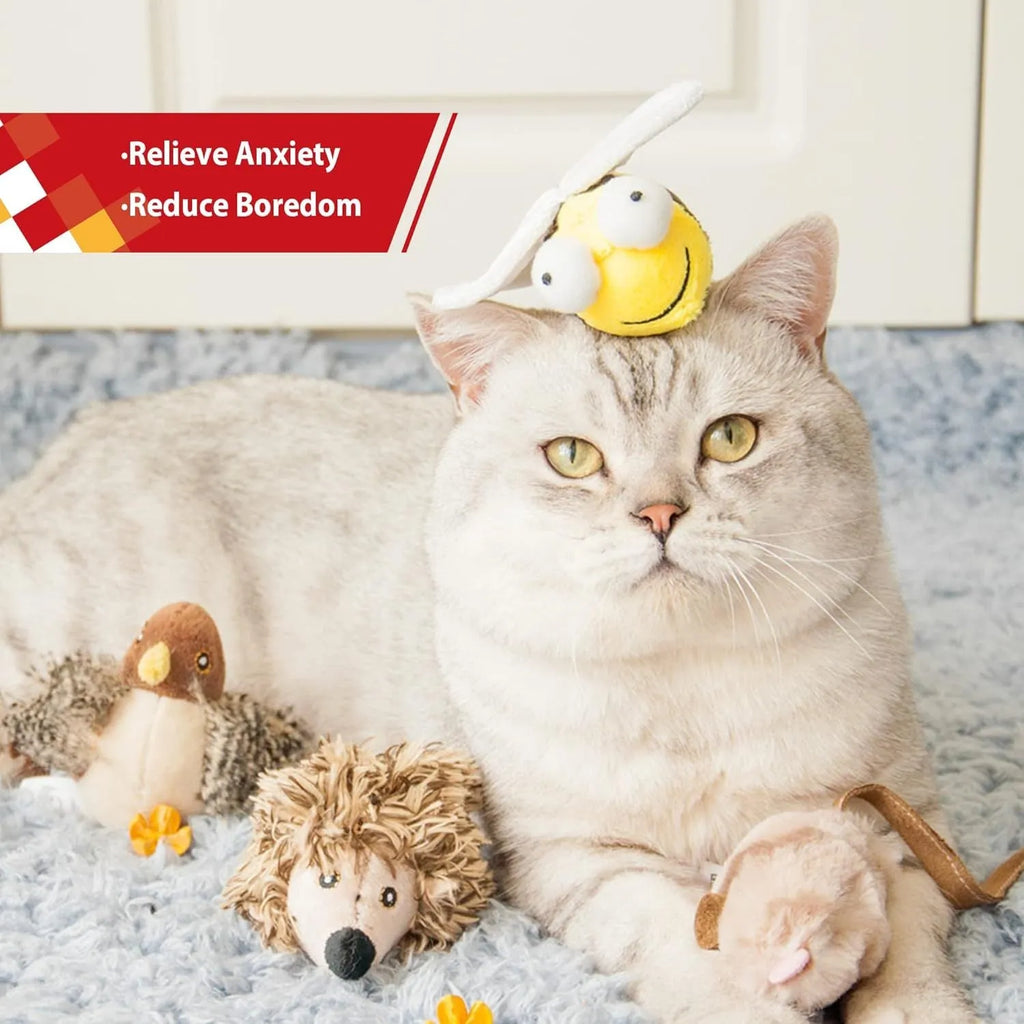 Yellow flannelette bee-shaped electronic cat toy on a plain background.