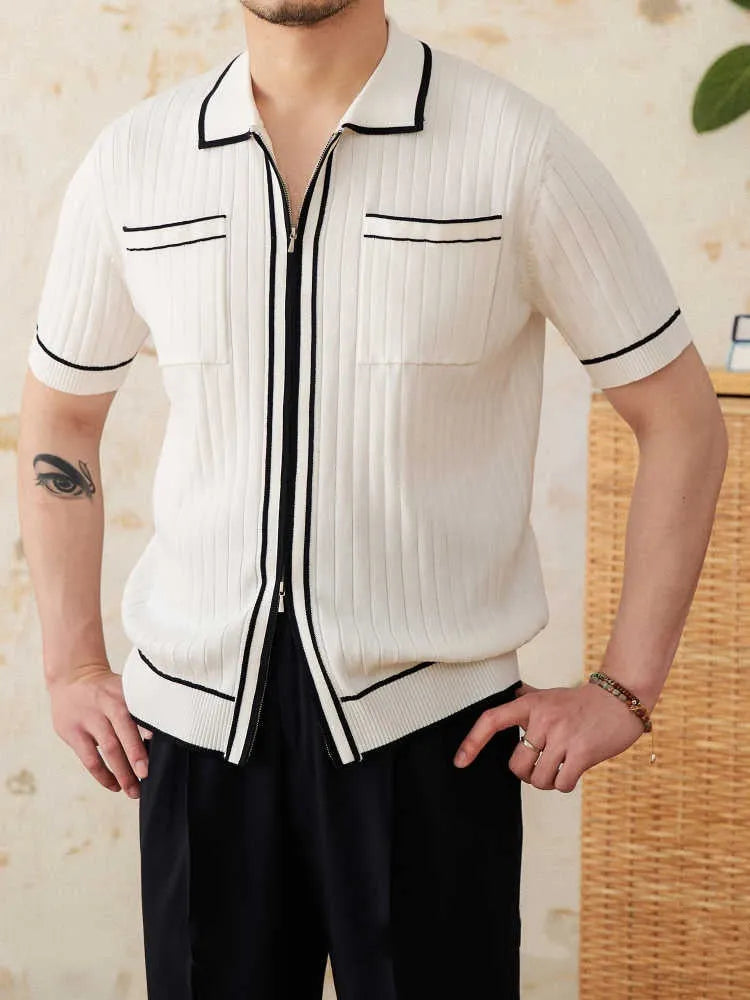 Slim elastic polo shirt with lapel collar and short sleeves in black or white colours