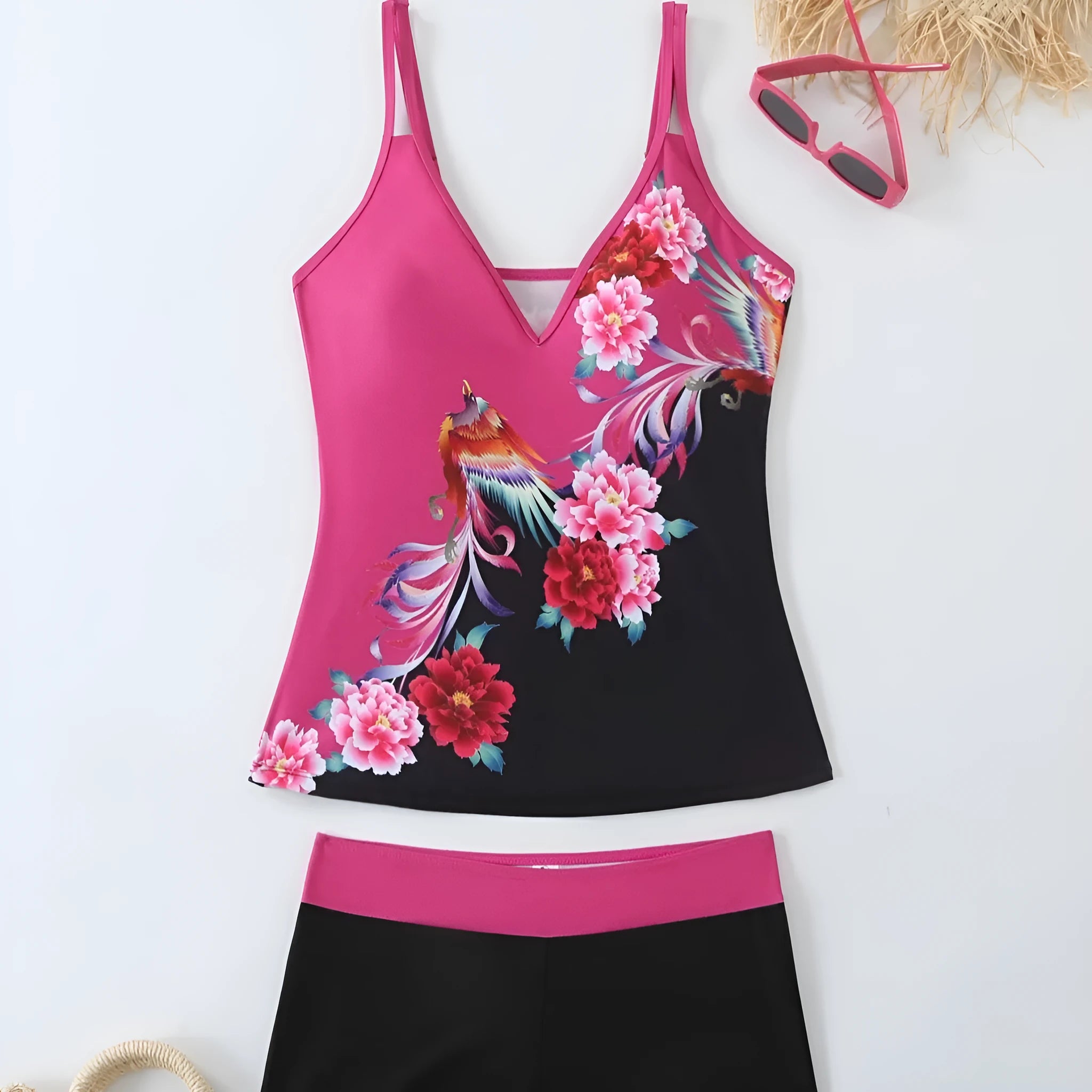 Plus size women's swim briefs in black or rose red printed pattern with cotton lining.