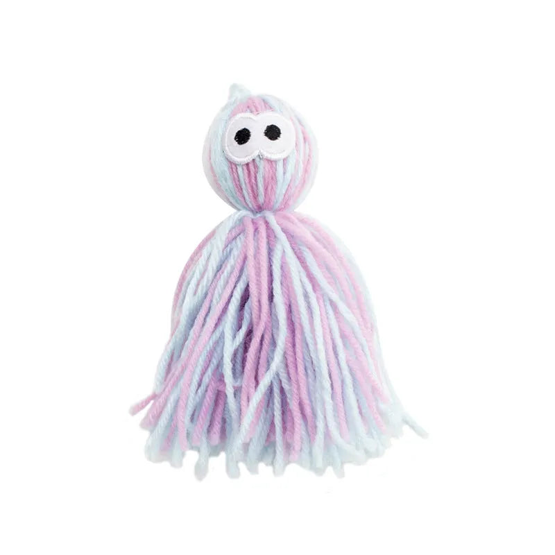 Bite-resistant wool ball cat toy with hanging loop in blue-grey colour option for teething relief