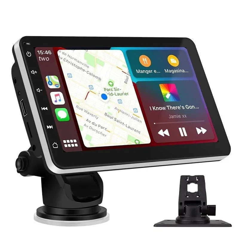 Wireless CarPlay car GPS navigator with 7-inch screen and reversing camera on a dashboard mount.