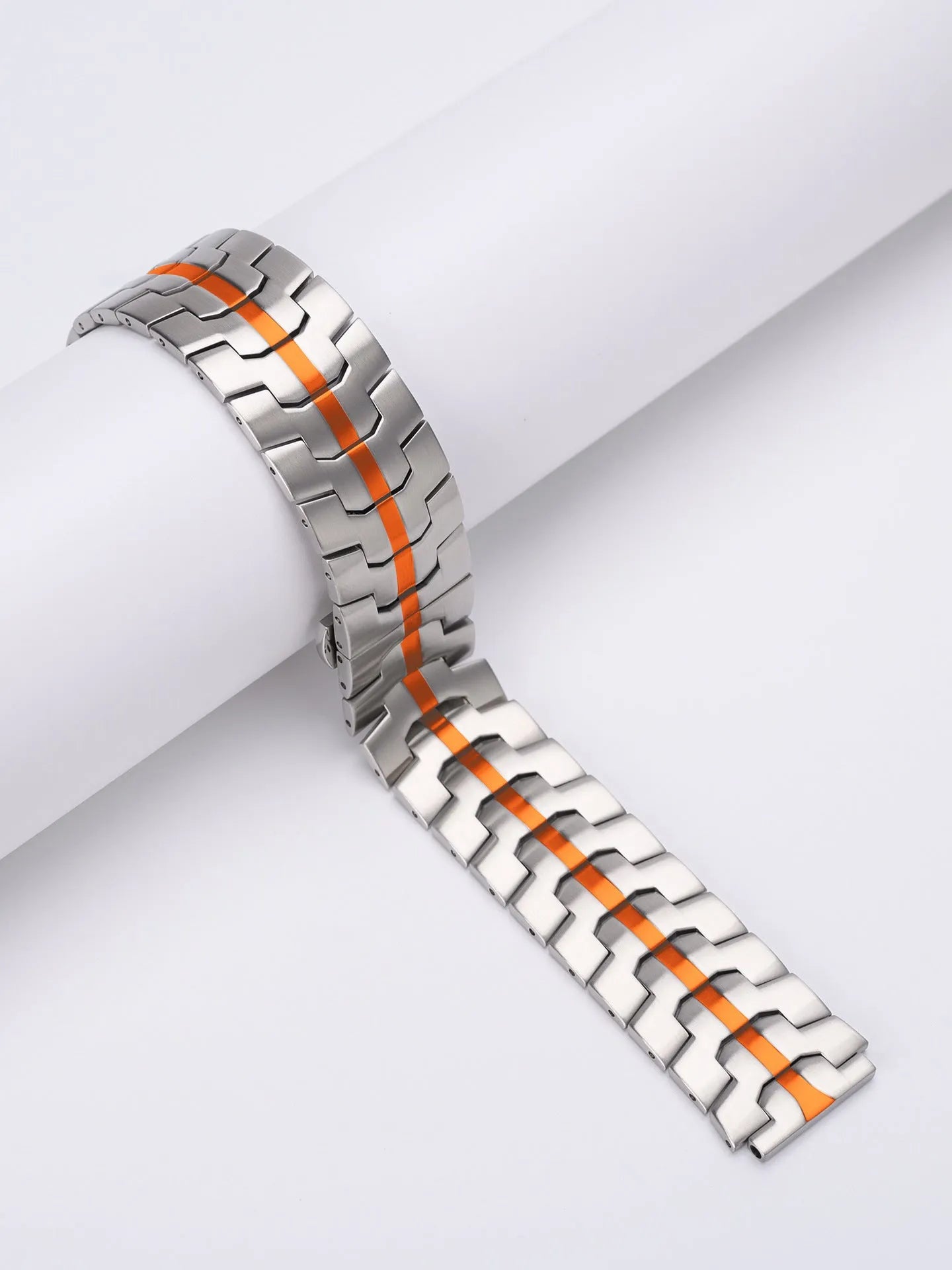 Stainless steel watch band for Samsung Galaxy Watch in silver, black, titanium, blue, and two-tone colour options.
