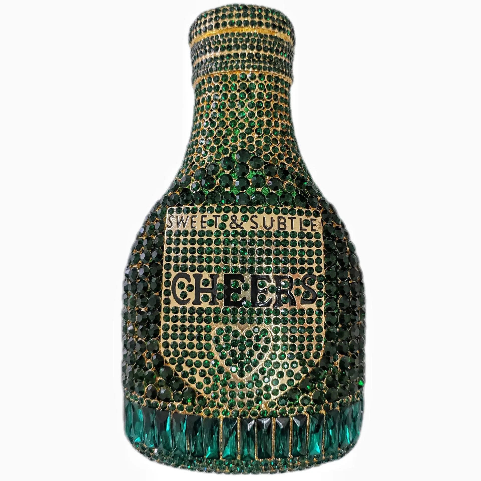 Gold rhinestone champagne bottle shaped evening clutch bag with wrist strap on a dark background.