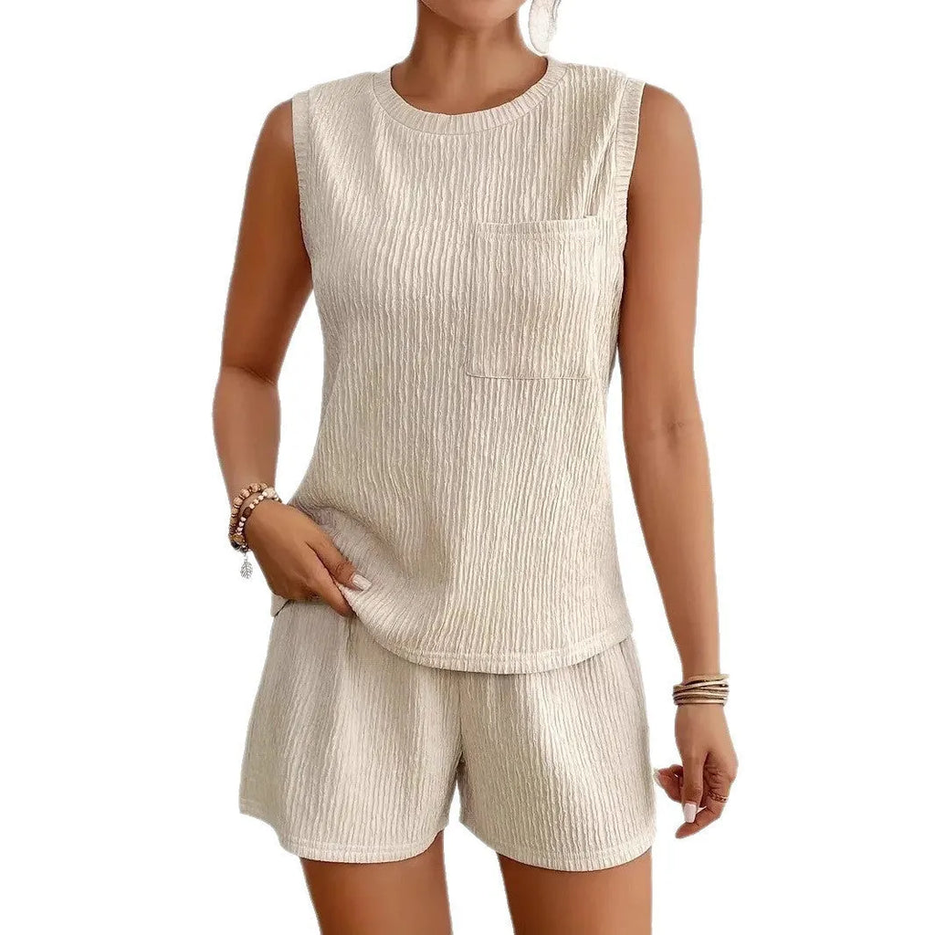Women's apricot polyester sleeveless vest and matching shorts set