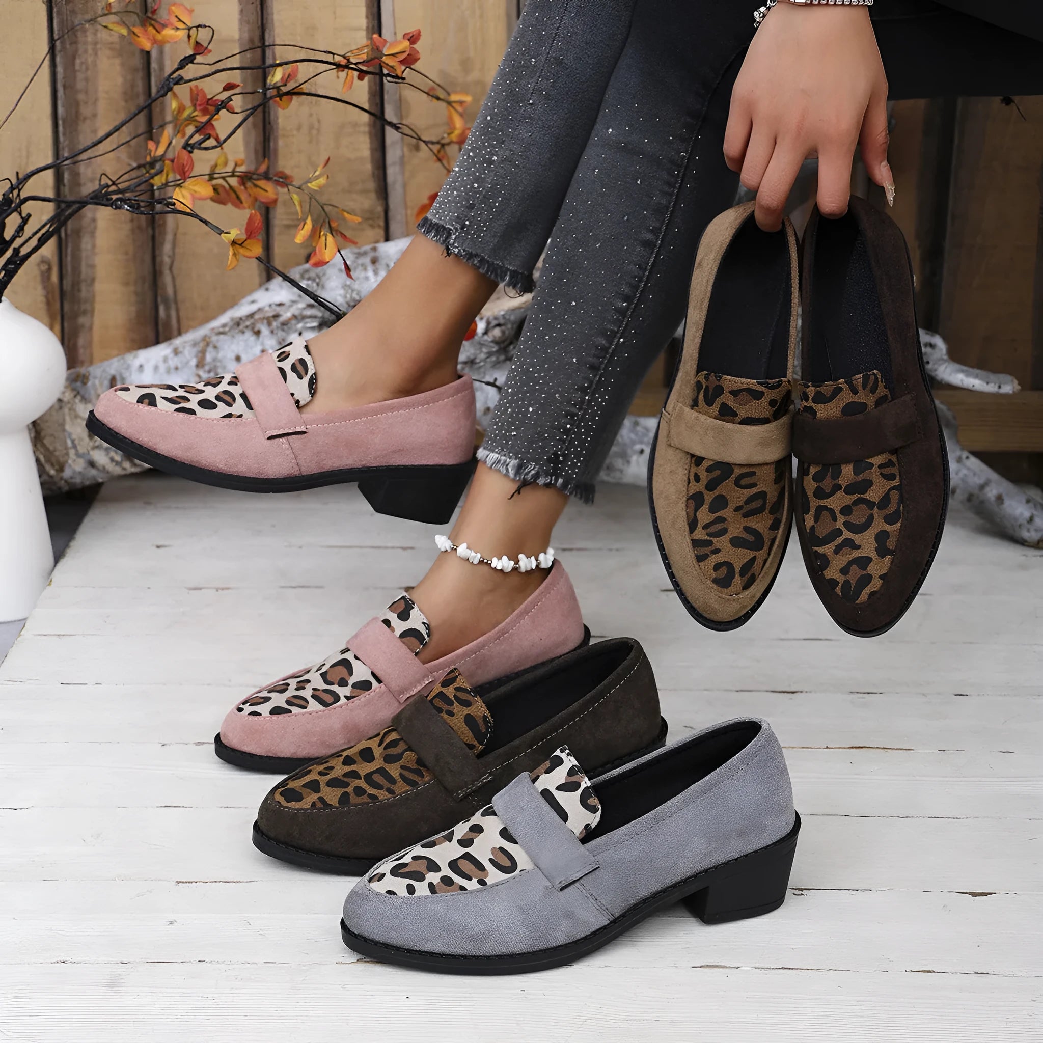 Women's leopard print suede slip-on shoes with chunky mid-heel and pointed toe in brown, pink, and khaki