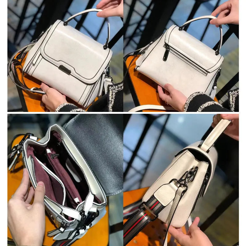 Women's brown genuine leather messenger bag with retro styling and multiple internal pockets
