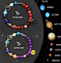 Twelve individual zodiac sign bracelets with natural stone beads and constellation charms on adjustable cords