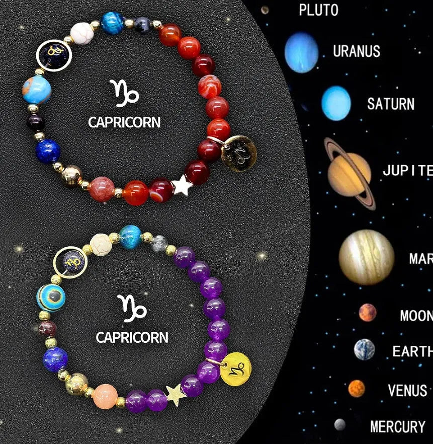 Twelve individual zodiac sign bracelets with natural stone beads and constellation charms on adjustable cords
