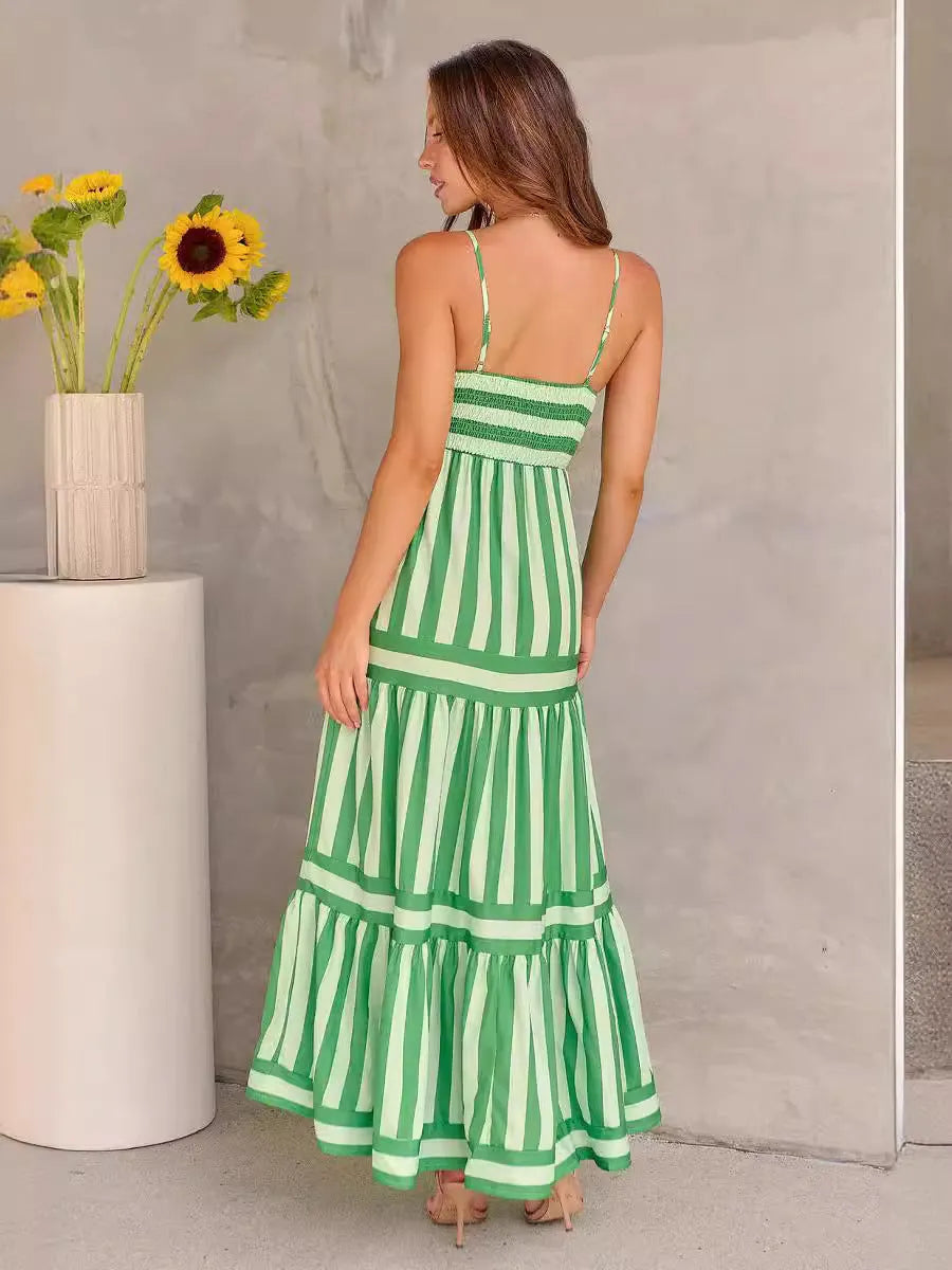 Women's striped long summer dress with suspenders, a square neck, backless design, and side pockets.
