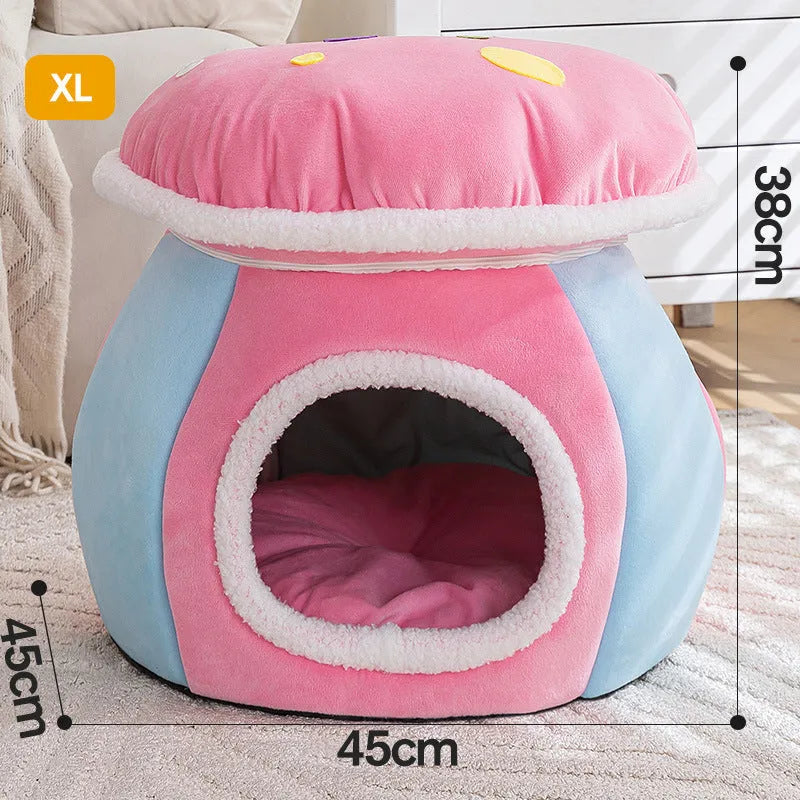 Grey plush mushroom-shaped cat nest with a detachable blanket, shown alongside pink and purple colour options.