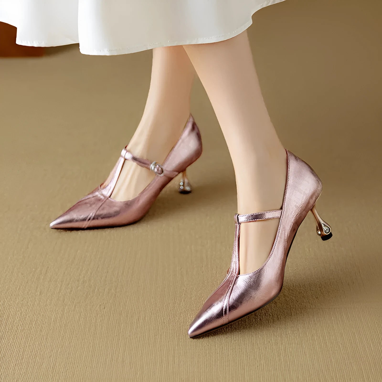 Women's gun colour genuine leather high heel shoes with chunky block heel and pointed toe design