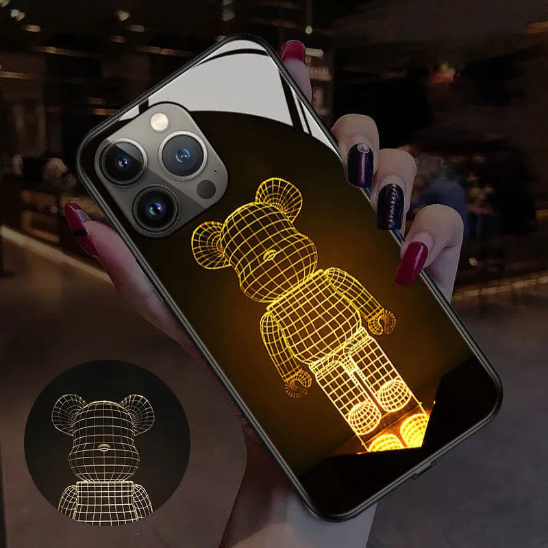 Glow-in-the-dark luminous iPhone case showing technology design on TPU and tempered glass construction