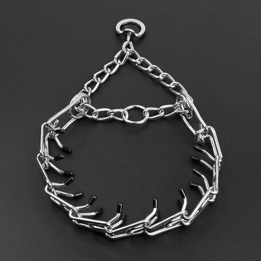Stainless steel dog prong training collar with comfort rubber tips, shown in adjustable sizes.