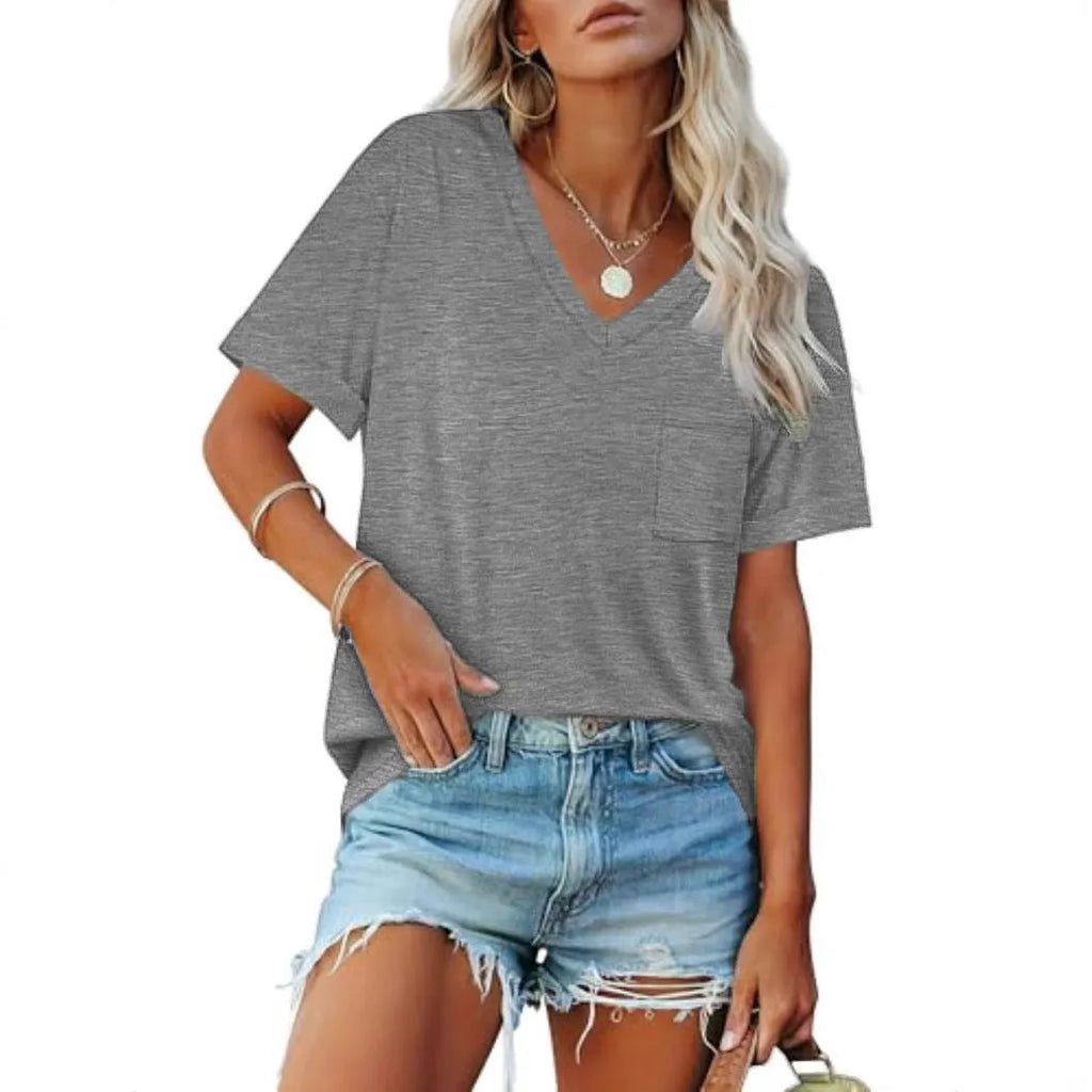 Grey loose V-neck T-shirt with chest pocket in Japanese casual style