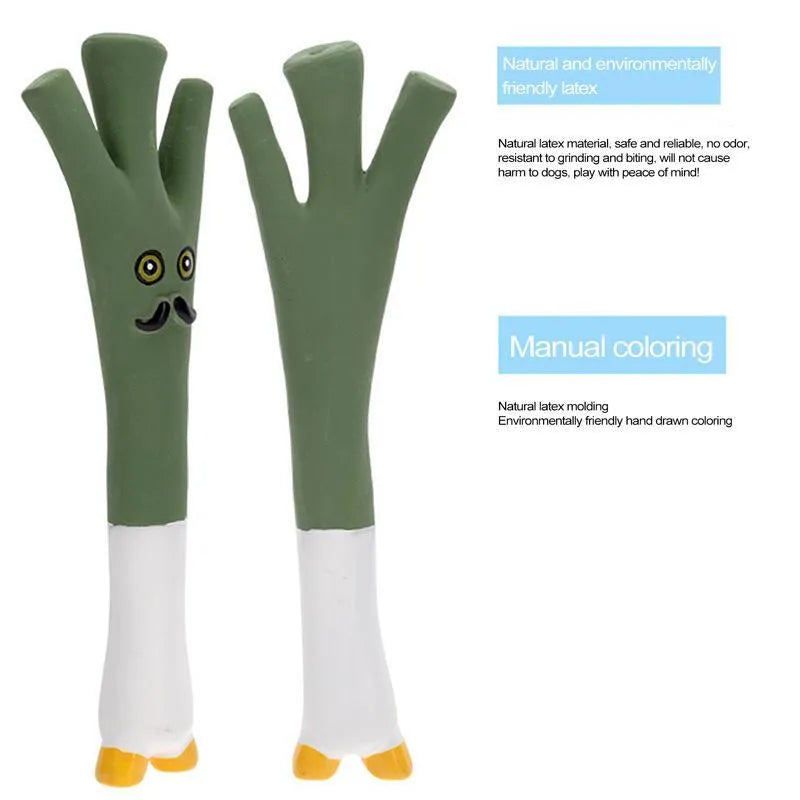 Cartoon onion and eggplant latex dog chew toy for puppies on a white background.