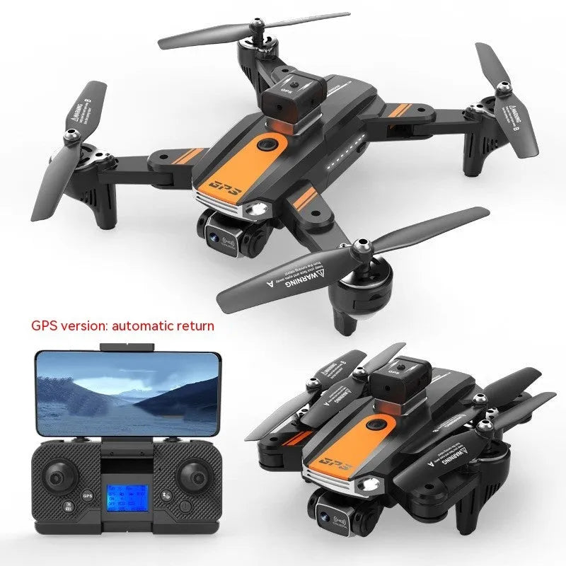 Orange and black quadcopter drone with dual cameras and propeller guards, shown on a white background