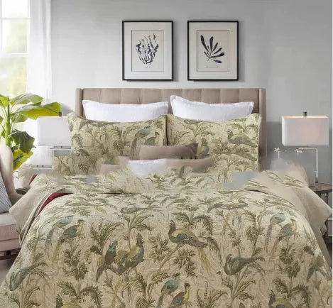 Blue floral patterned cotton bed sheet set with American bedspread styling and quilting design