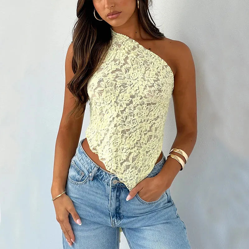 Women's slim-fit lace-back vest top with asymmetrical neckline in solid colour
