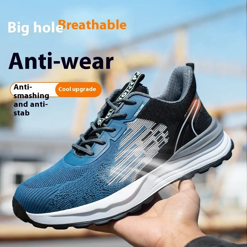 Blue men's safety work shoes with plastic toe cap and mesh upper, showing lace binding and non-slip sole
