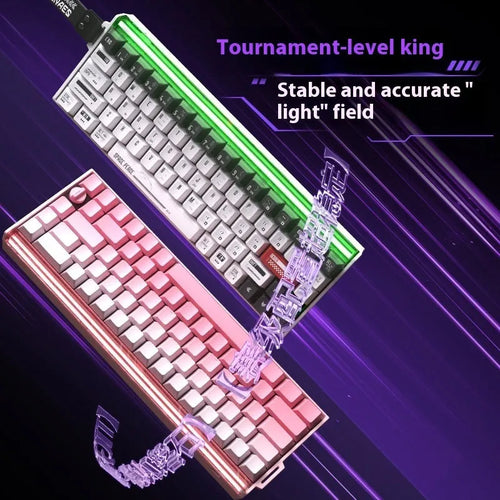 BOOM68 compact mechanical keyboard with RGB backlighting in Green Magic Blade colour scheme on a desk.