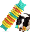 Blue green pink caterpillar shaped natural rubber dog chew toy on white background