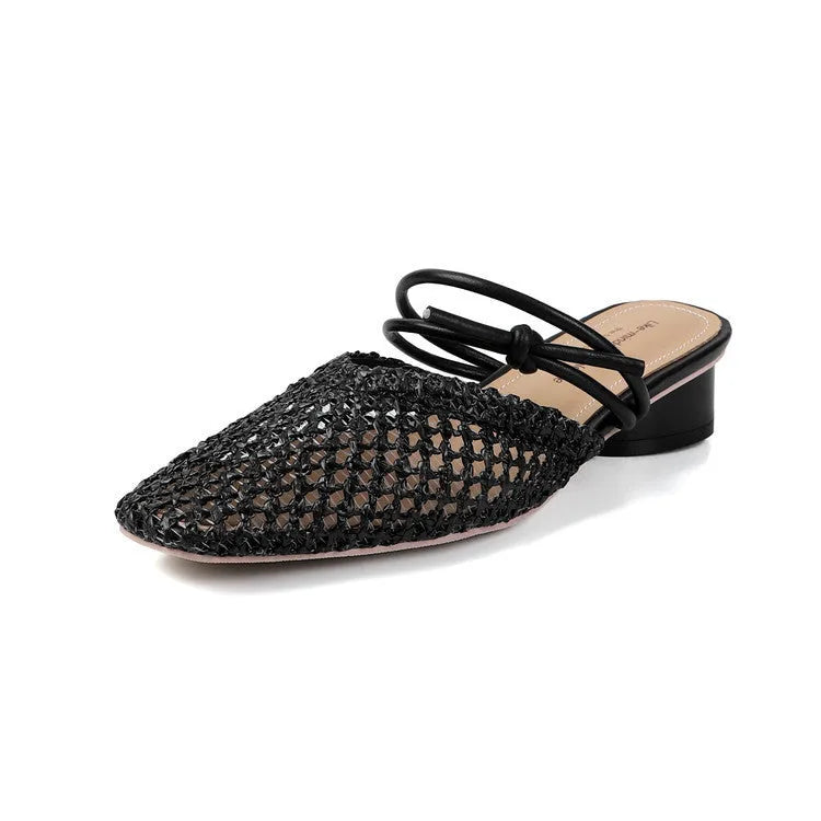 Women's black outdoor slippers with square toe box and chunky heels featuring breathable hollow-out design