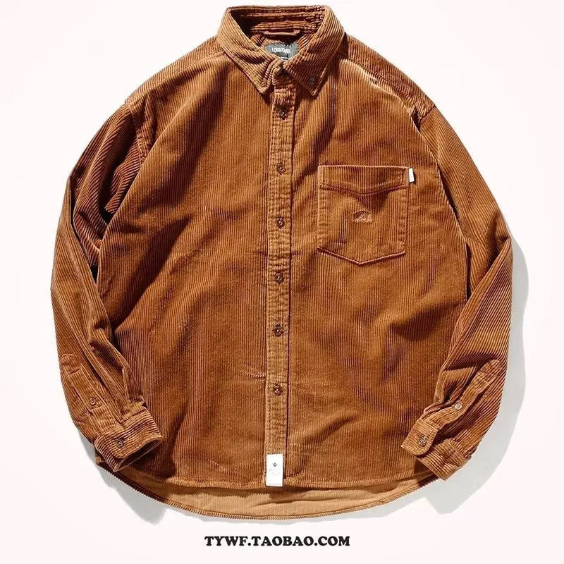 Loose fit corduroy long sleeve shirt in caramel colour with cardigan style design