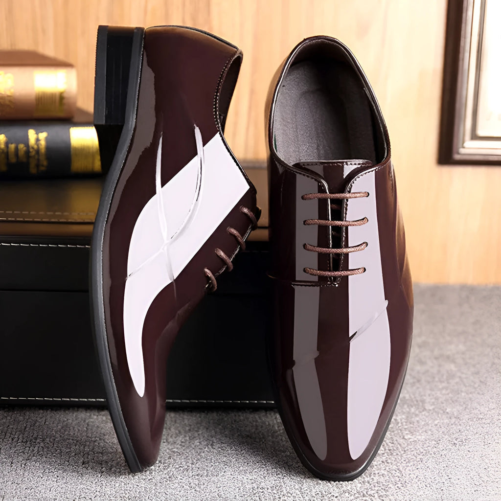 Men's black and brown formal business shoes with pointed toe design