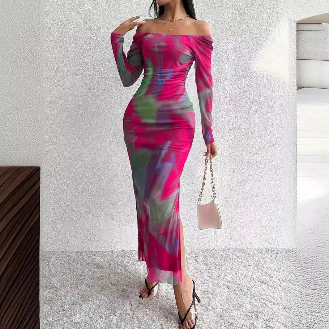 Womens long printed mesh fishtail dress with gradient colour pleating and split skirt detail