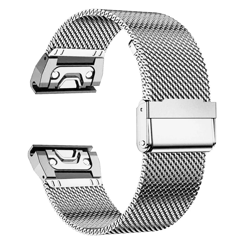 Stainless steel card watch strap for Garmin Fenix models in silver, black, gold, and rose gold finishes.