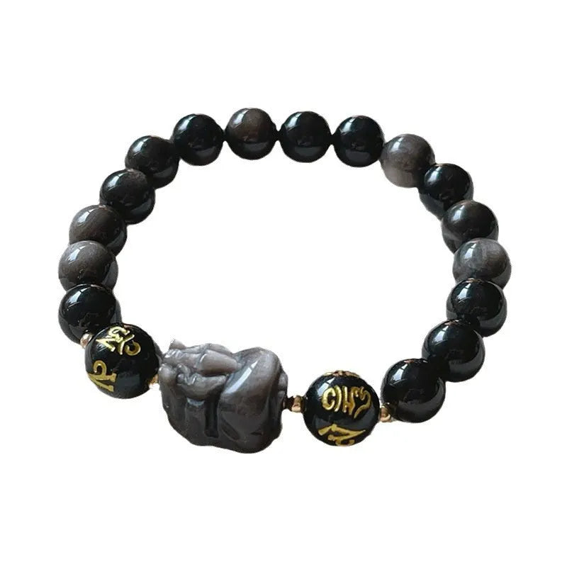 Men's silver stone bracelet with engraved zodiac and proverb designs on beaded surface