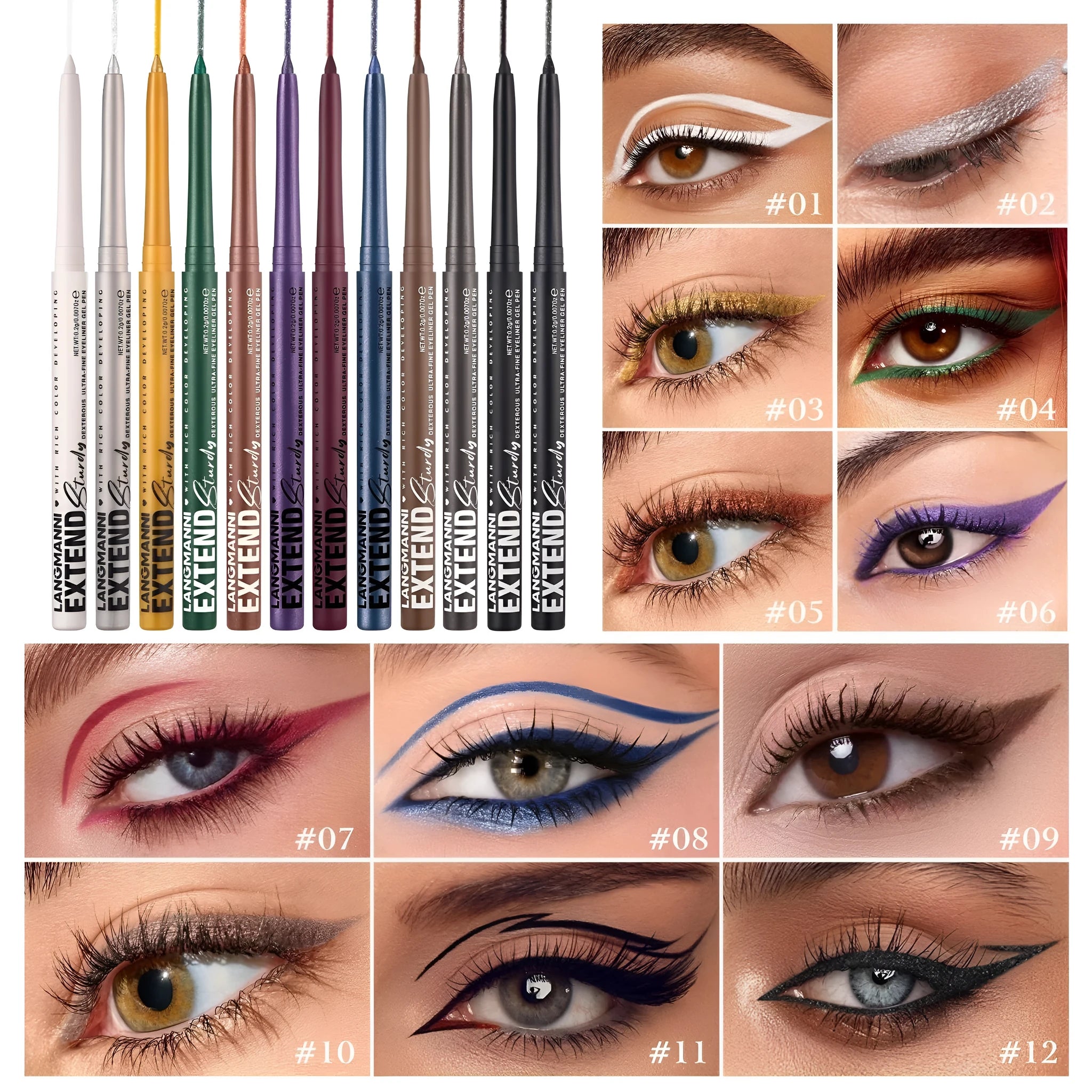 Set of 12 colourful gel glitter eyeliner pencils in waterproof formula for multi-purpose makeup