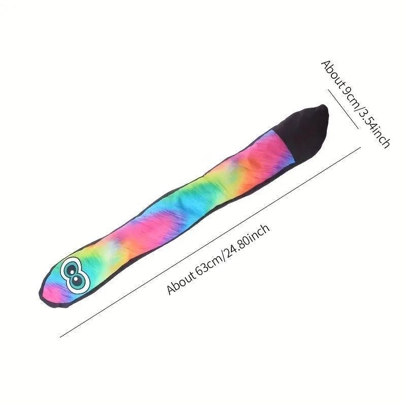 Snake-shaped plush dog squeak toy with rainbow stripe print for chewing and interactive play