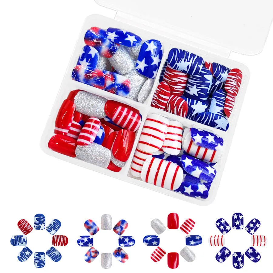 Red and blue glitter false nail tips with Independence Day theme in European Square shape