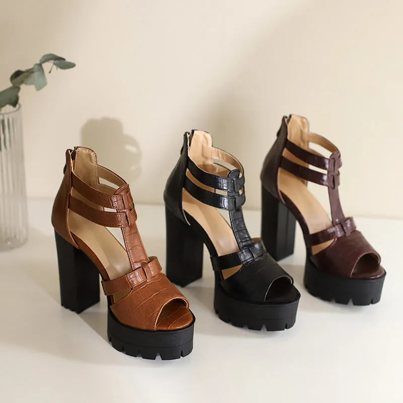 Casual platform high heel sandals in black with a back zipper and round toe.