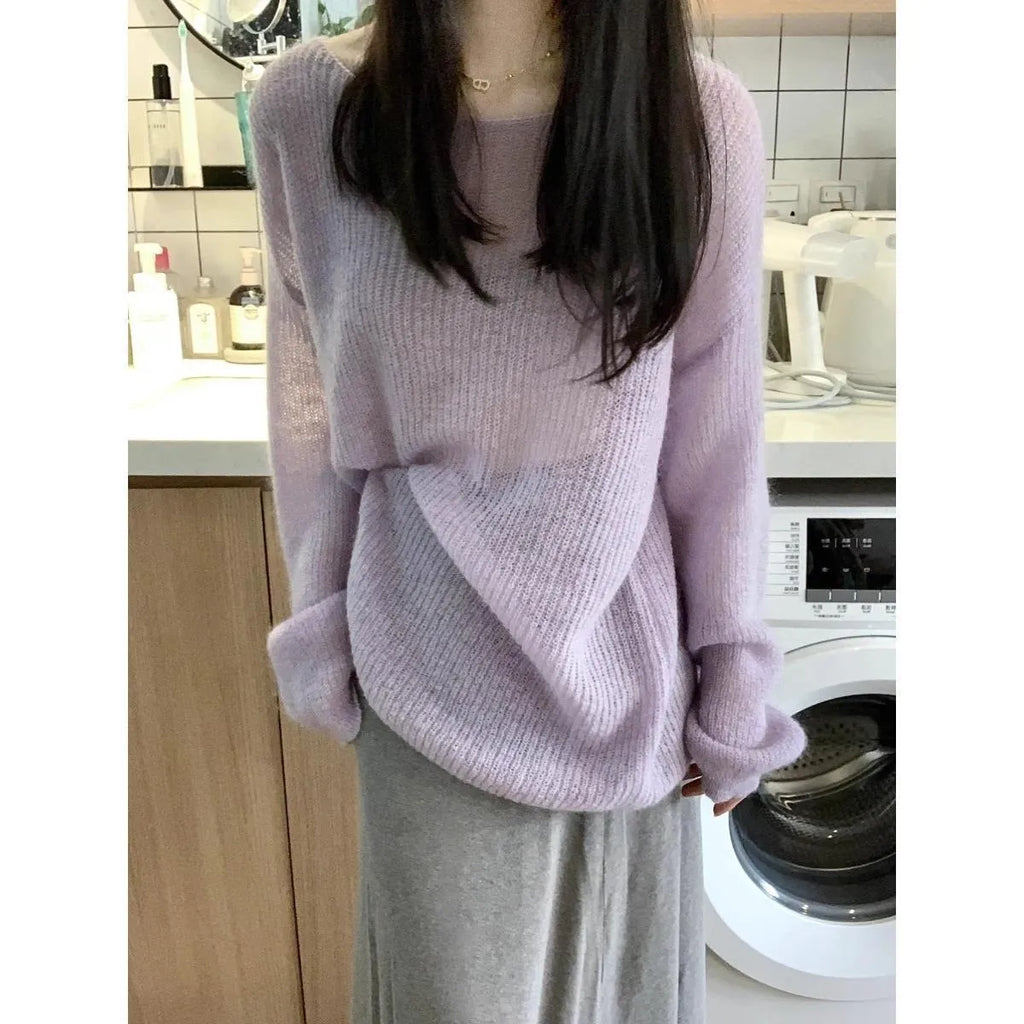 Women's purple ice silk blouse with princess sleeves and shoulder strap design