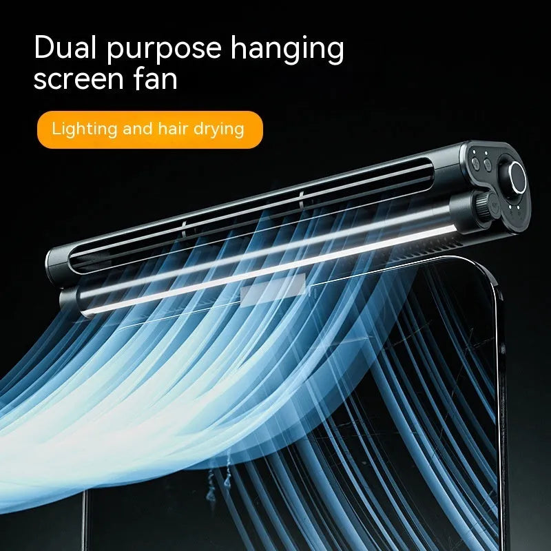 Black USB bladeless fan with clip mount and integrated LED lamp for laptop screens