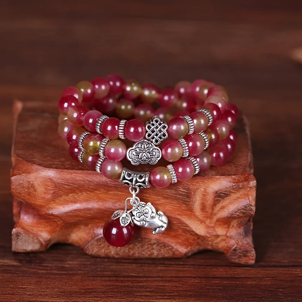Handmade watermelon crystal bracelet with Chinese knot and geometric beads in two size options