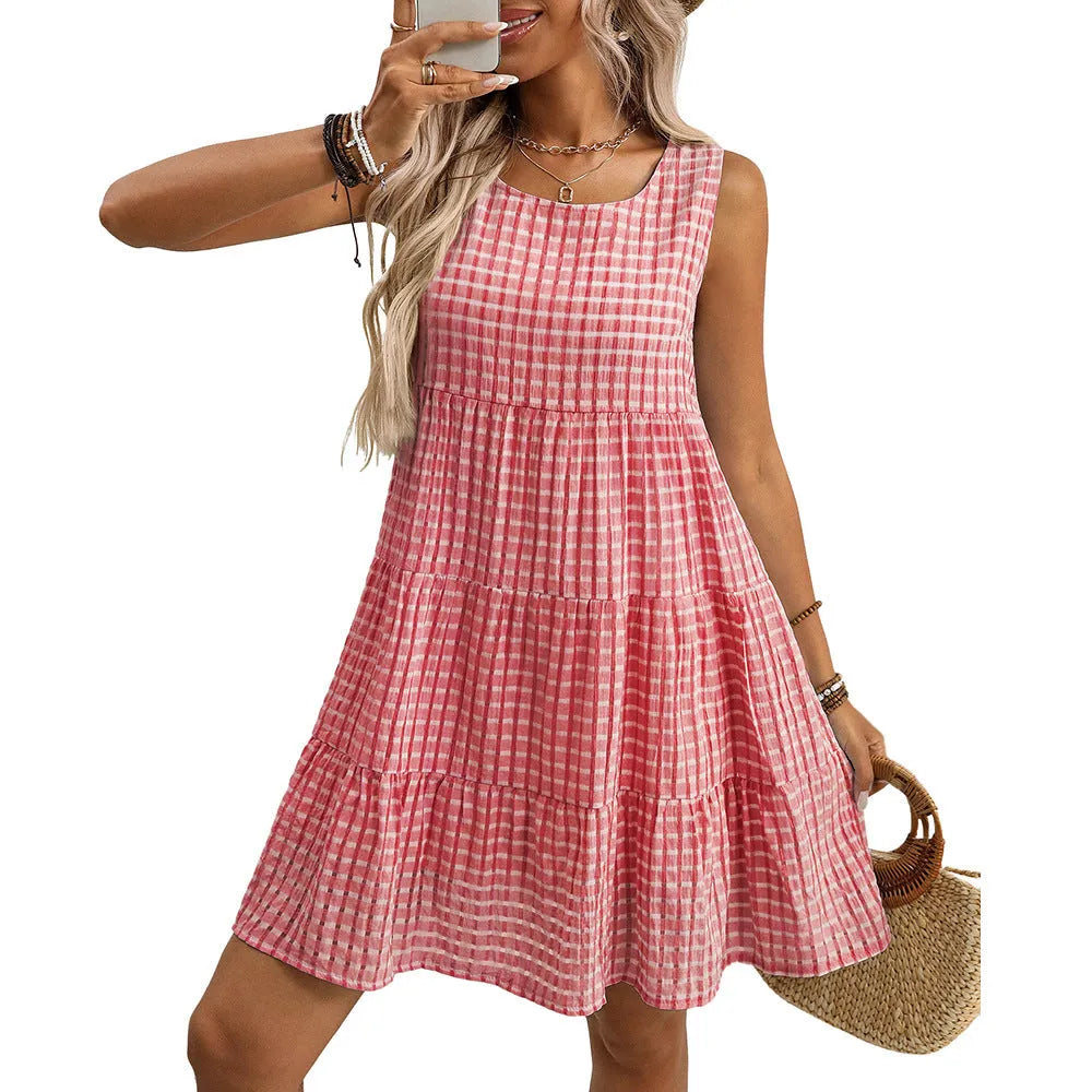 Women's loose sleeveless plaid dress with lining and swing skirt in light blue