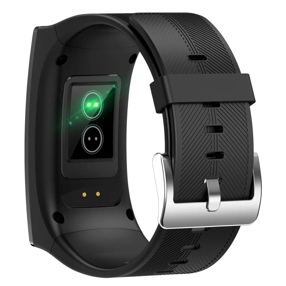 Black or silver Bluetooth waterproof sports watch with blood pressure monitoring on a silicone wrist strap.