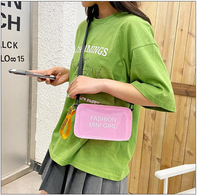 Transparent square jelly crossbody bag with adjustable strap in various colour options