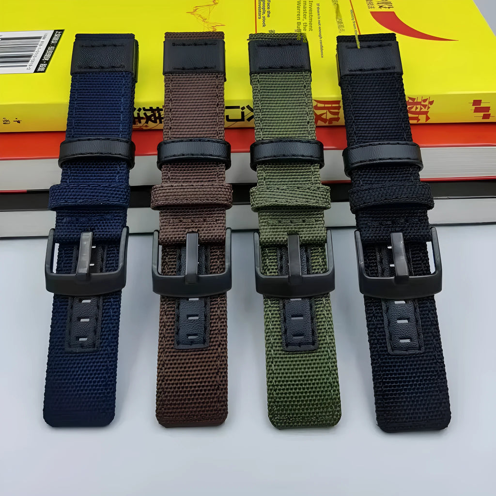 Oxford cloth canvas watch strap in camouflage colour, shown alongside black and blue options.