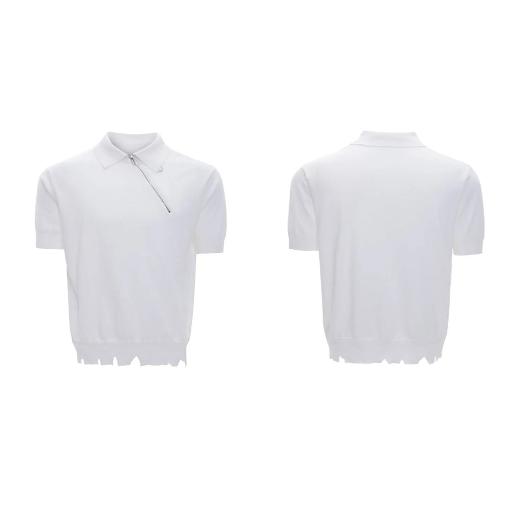 Men's slim-fit knitted polo shirt with oblique zipper and lapel collar in black, white or grey colours