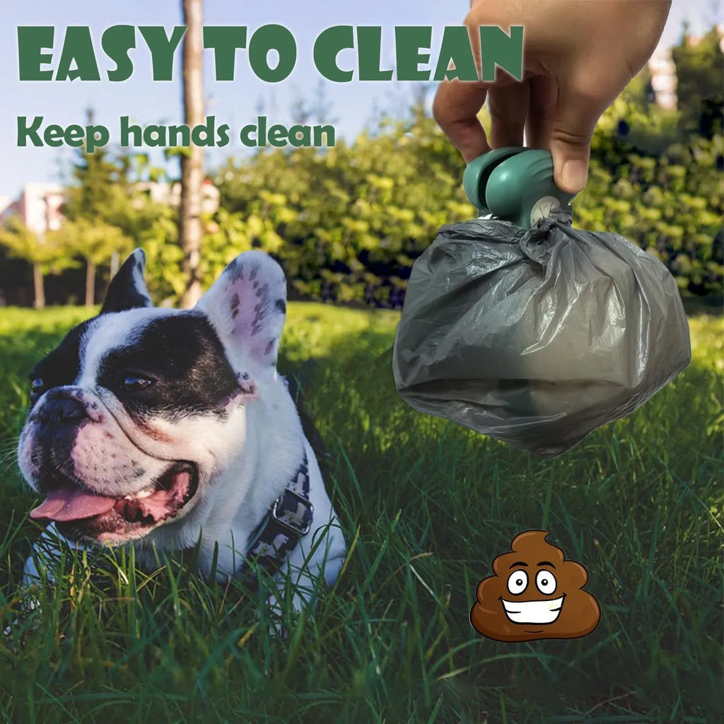 Blue portable dog pooper scooper with clip, bag dispenser, and unfolded waste container.