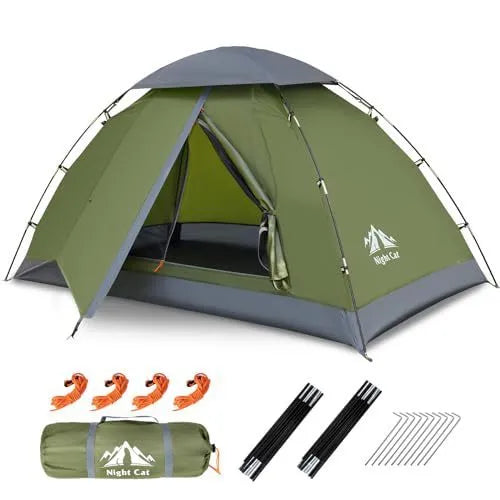 Dark green automatic camping tent for two people with dimensions 2.9m x 2m x 1.15m