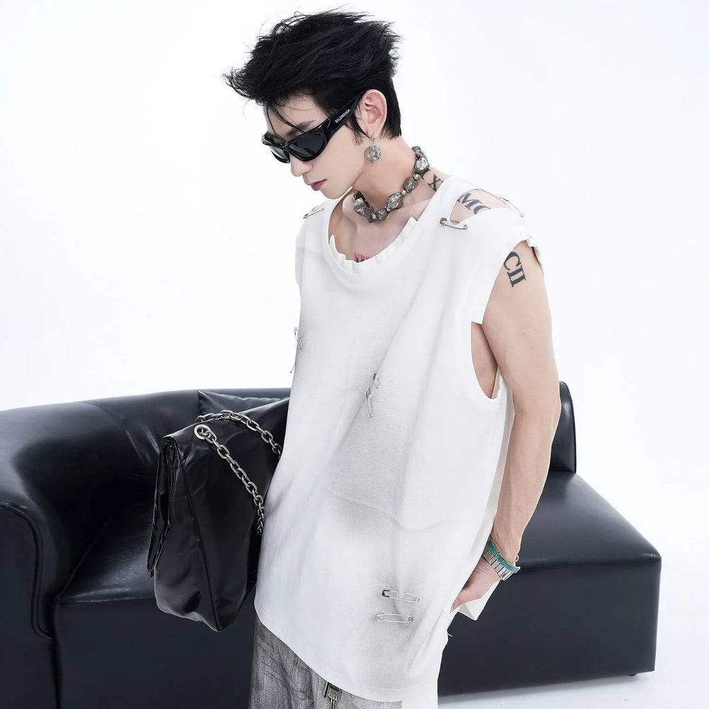 Men's black sleeveless vest t-shirt with ripped irregular cutting piece design and round neck collar