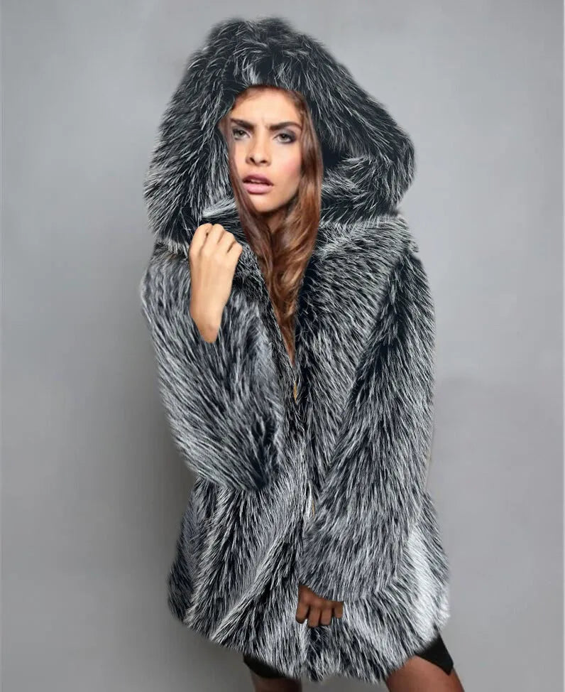 Silver grey loose mid-length artificial fur coat for women on a hanger.