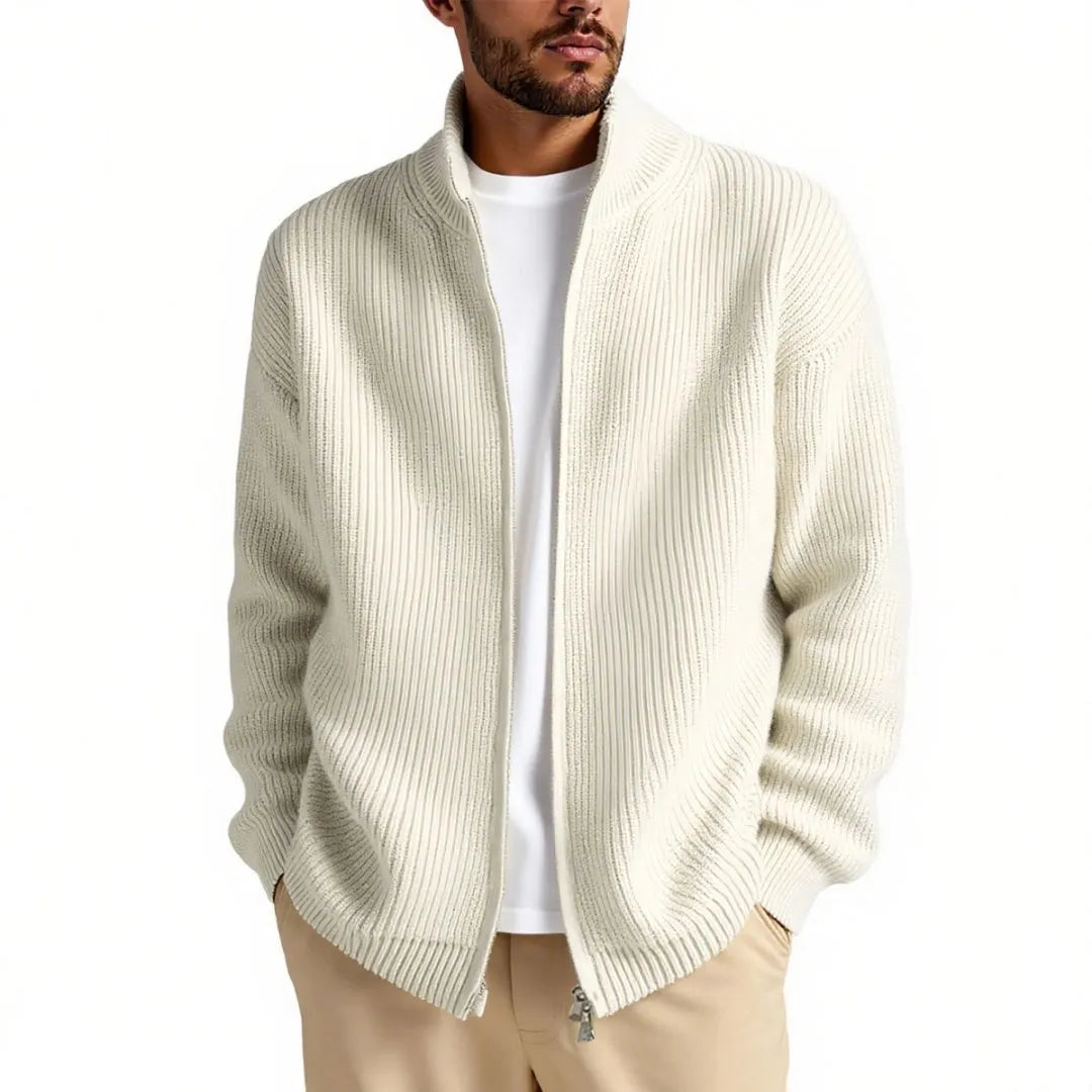 Loose-fitting men's cardigan sweater in a chemical fibre blend, shown in a neutral colour.
