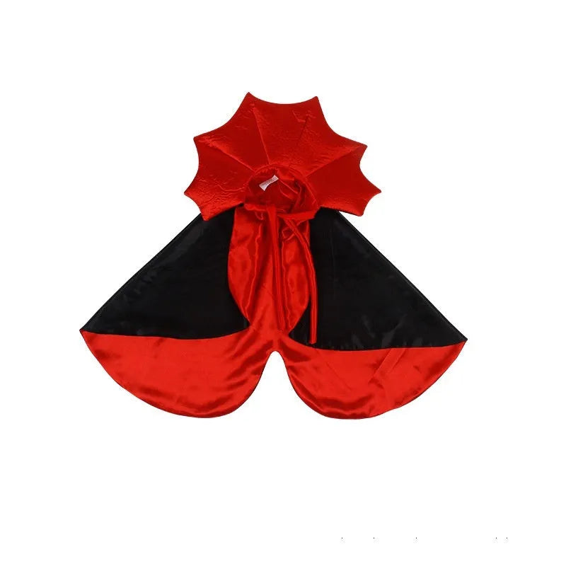 Black and red polyester Halloween costume for a dog or cat on a hanger.