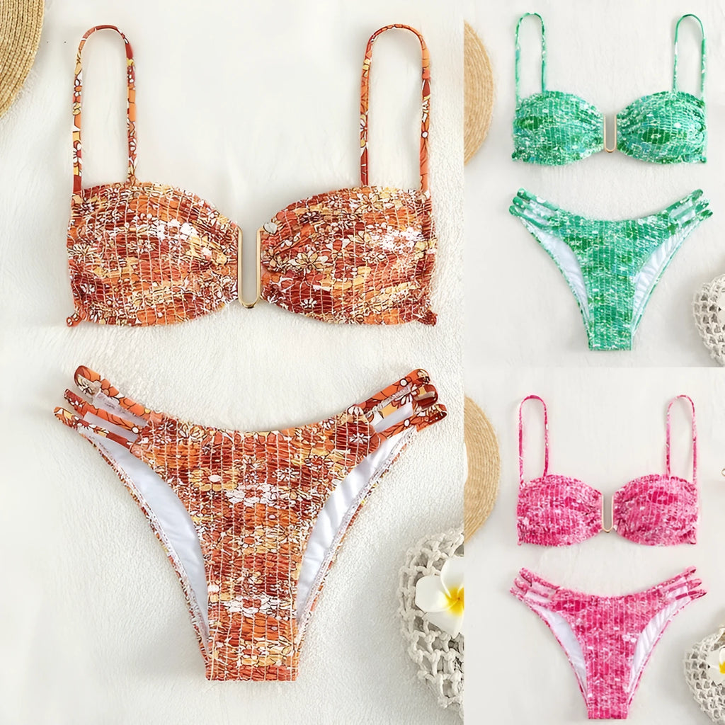 Women's floral bikini swimsuit with high-waisted briefs in blue, orange, pink, or rose red colours